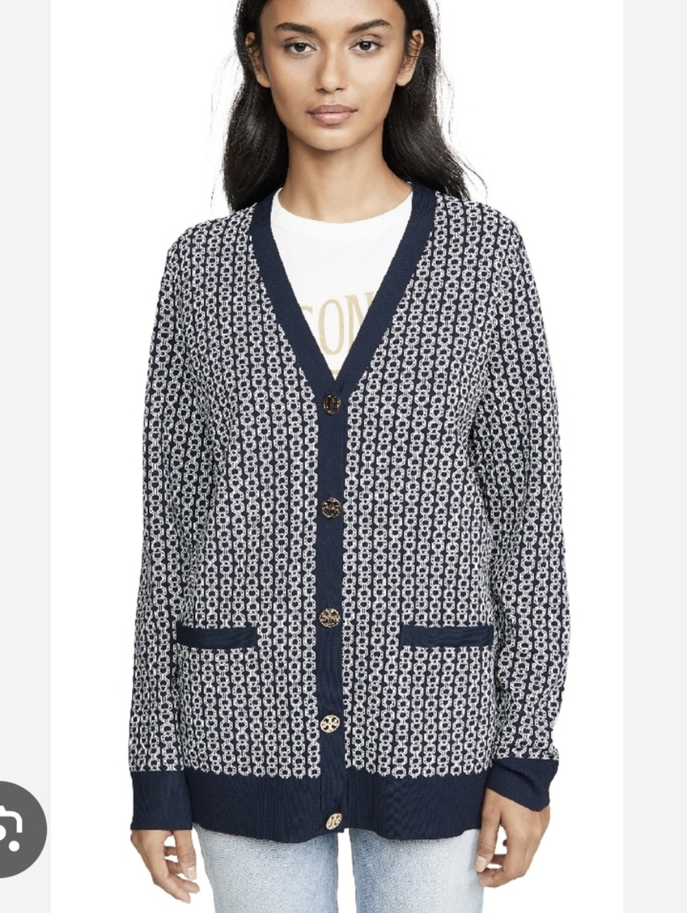Tory Burch Gemini Link Jacquard Navy and White Logo-Print V-Neck Cardigan SZ.XL